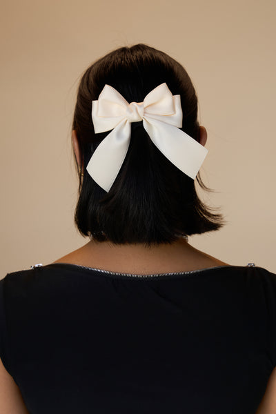 Satin Double Bow Barrette - Ivory