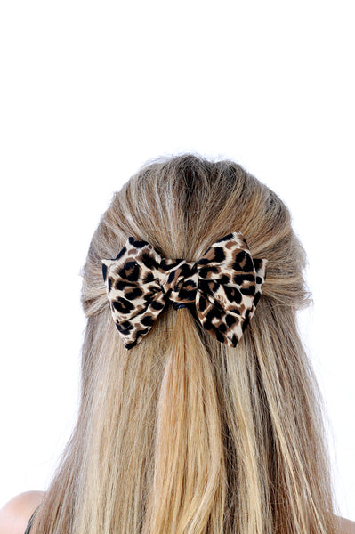 Satin Big Bow Barrette - Leopard