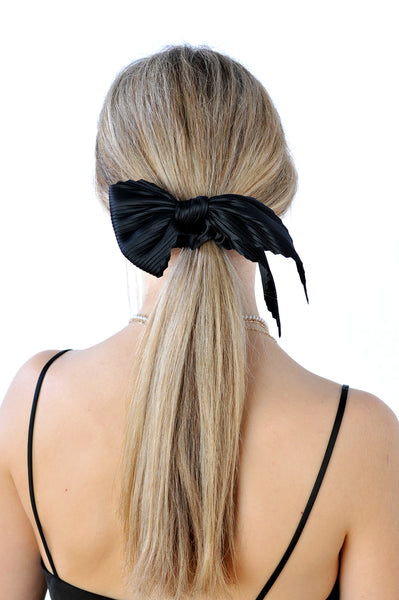 Satin Pleated Bow Scrunchie - Black