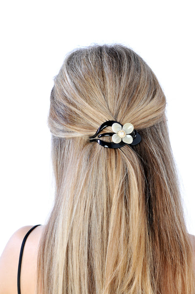 Pearl Diamante Flower Pony Claw - Black