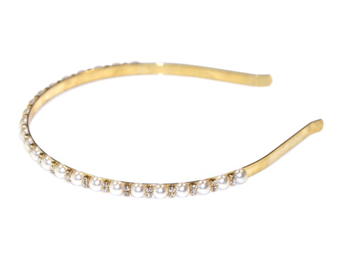 Diamante and Pearl Med Alice Band - Gold-Crystal-Pearl