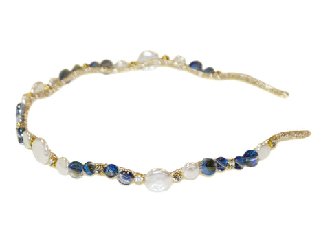 Flat Pearl Stone and Diamante Wave Alice Band - Pearl-Blue