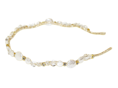 Flat Pearl Stone and Diamante Wave Alice Band - Pearl-Crystal