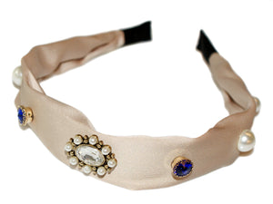 Celine Jewel Rosette Pearl and Diamante Satin Alice Band - Beige