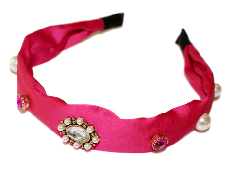 Celine Jewel Rosette Pearl and Diamante Satin Alice Band - Fuchsia