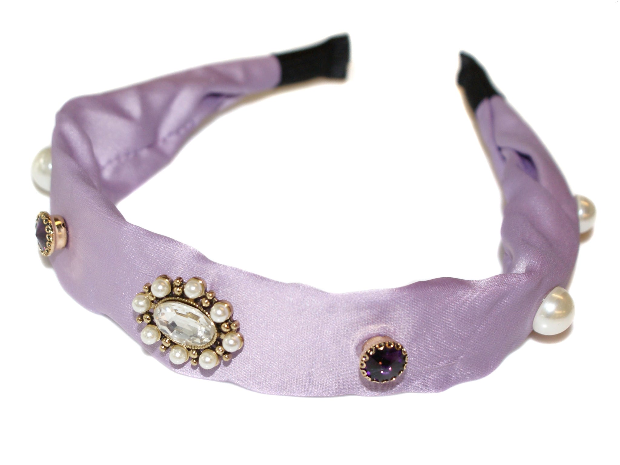 Celine Jewel Rosette Pearl and Diamante Satin Alice Band - Lilac