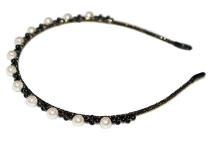 Pearl and Pearl Bead Alice Band - Black-Pearl