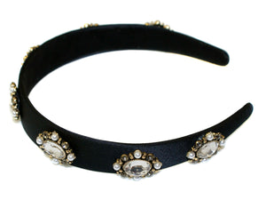 Seven Jewel Rosettes Satin Alice Band - Black