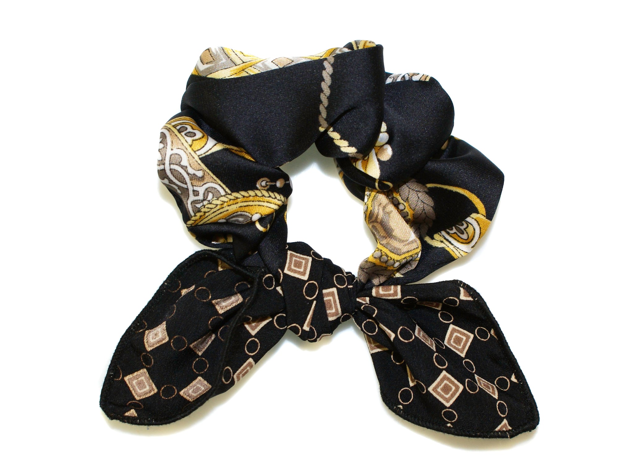 Satin Scarf Tie Bow Scrunchie - Black-Gold