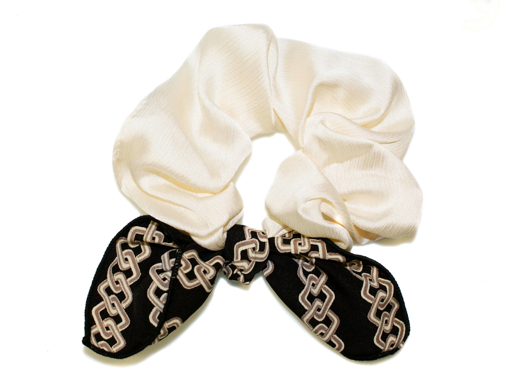 Satin Scarf Tie Bow Scrunchie - Ivory-Black