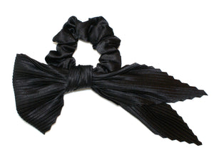 Satin Pleated Bow Scrunchie - Black