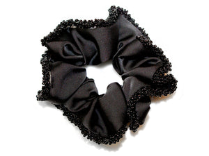 Satin Bead Edged Scrunchie - Black