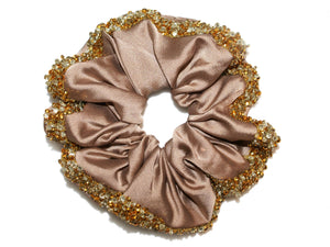 Gala Satin Bead Edged Scrunchie - Taupe