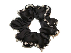 Satin Pearl Chain Edged Scrunchie - Black