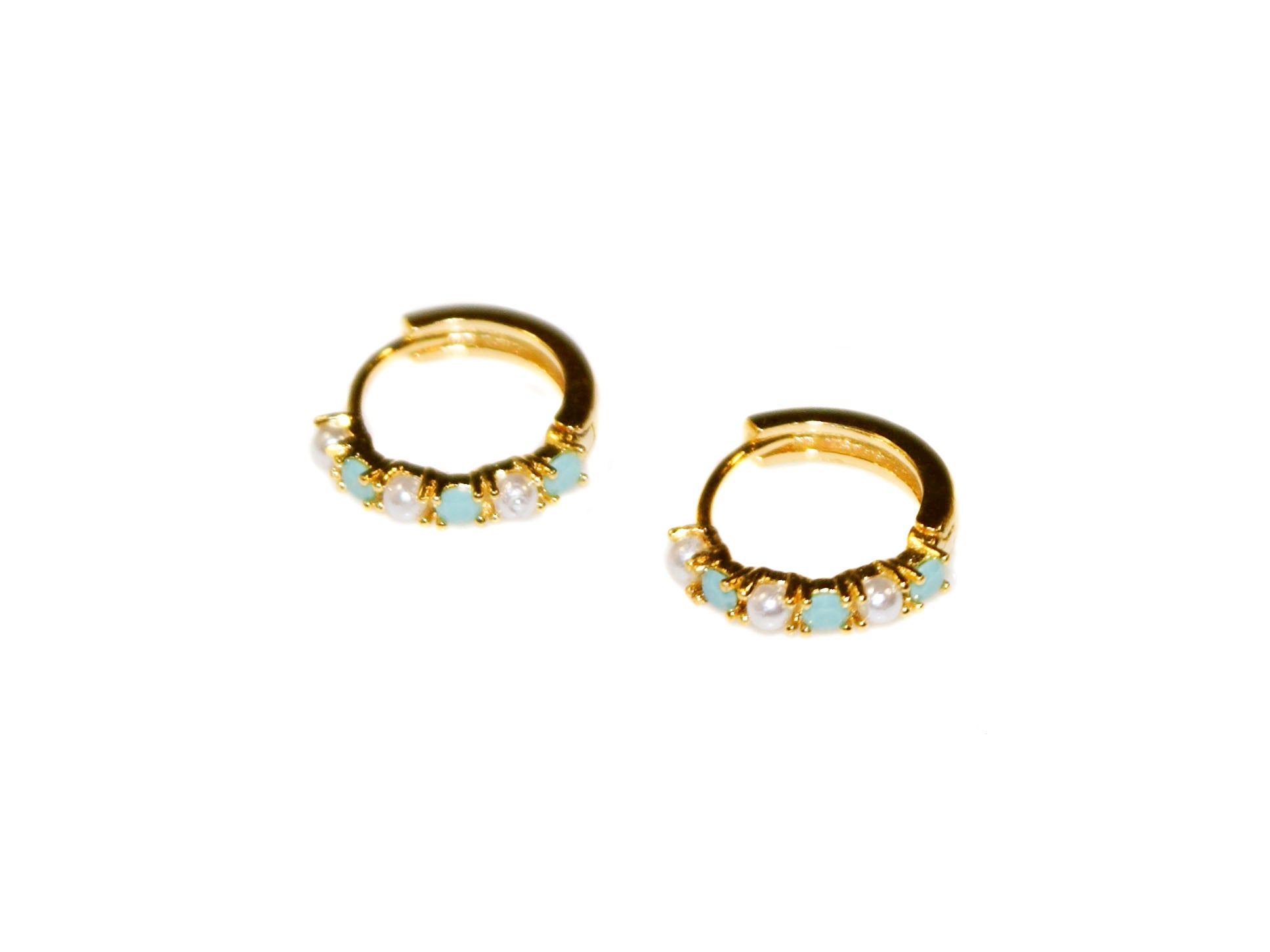 Clio Pearl + Stone Small Hoops - Gold-Emerald