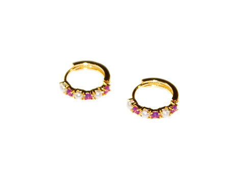 Clio Pearl + Stone Small Hoops - Gold-Ruby