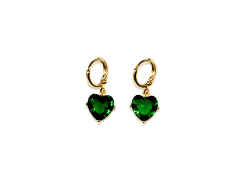 Heart Drop Small Hoops - Gold-Emerald