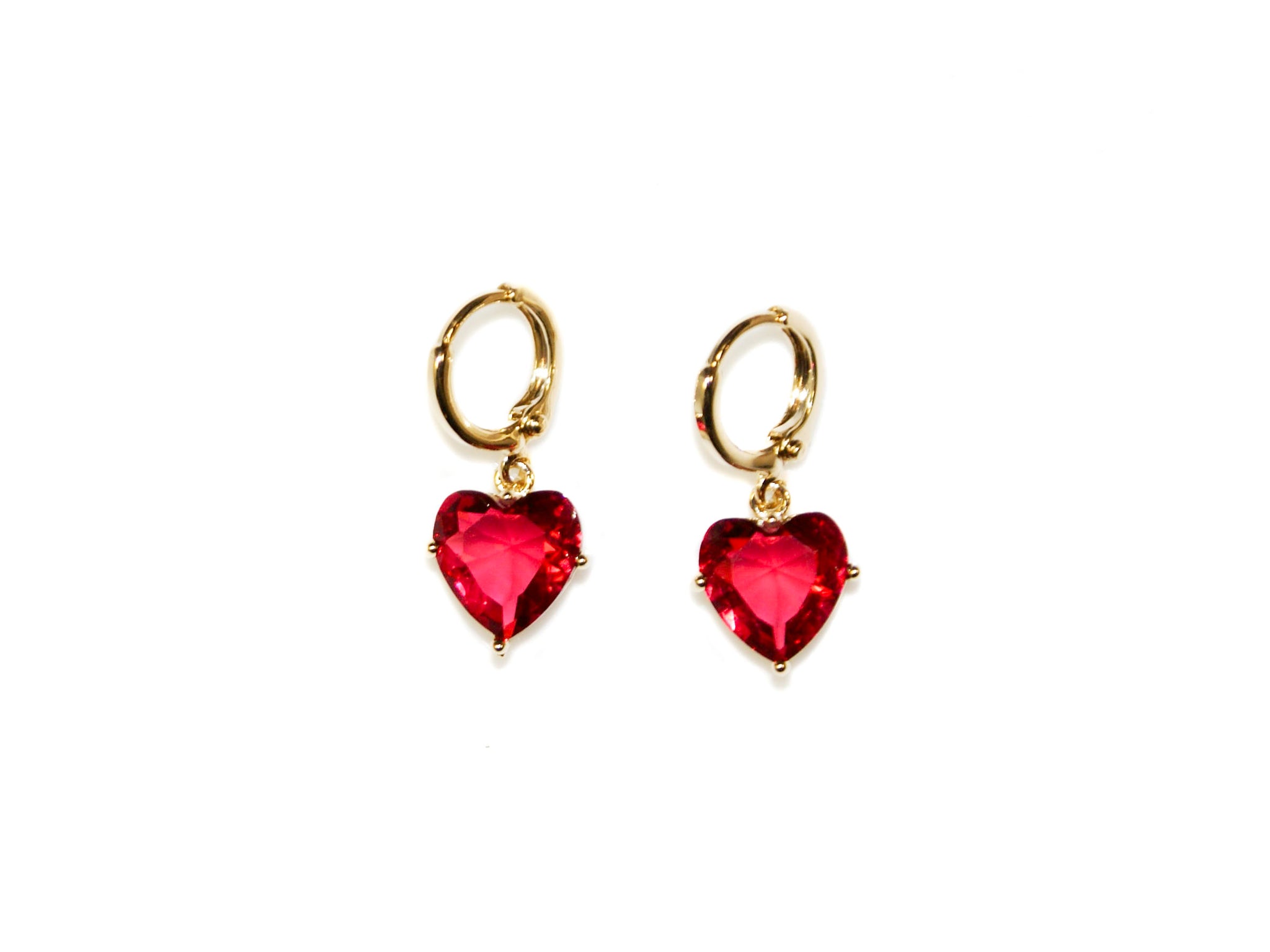 Heart Drop Small Hoops - Gold-Ruby