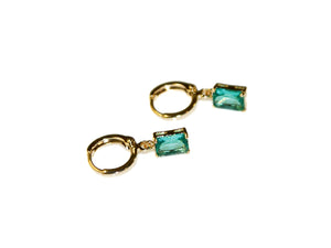 Square Drop Small Hoops - Gold-Emerald