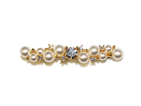 Pearl Diamante + Zircon Rosette Barrette - Gold-Crystal