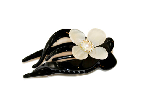 Pearl Diamante Flower Pony Claw - Black