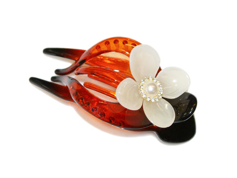 Pearl Diamante Flower Pony Claw - Tortoise