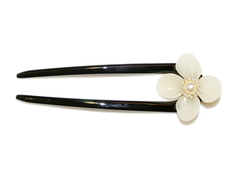 Pearl Diamante Flower Pin - Black