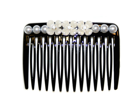 Pearl Diamante Flower Comb - Black