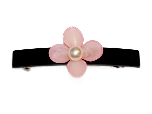 Pearl Flower Long Rectangle Barrette - Pink/Black