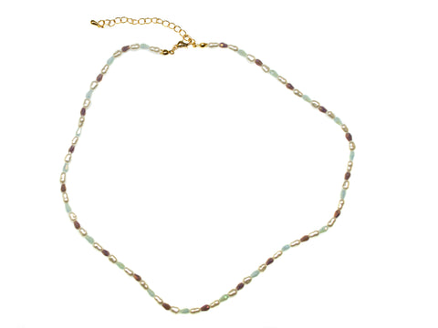 Seed Pearl and Bead Necklace - Aqua/Lilac