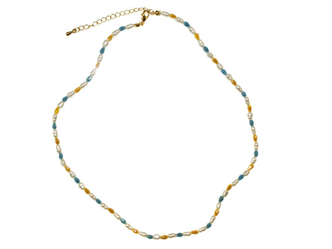 Seed Pearl and Bead Necklace - Blue/Gold