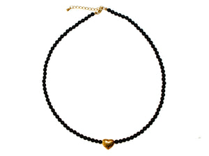 4mm Black Onyx Bead Necklace With Heart - Black/Gold