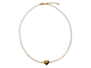 4mm Pearl Necklace With Heart - White/Gold