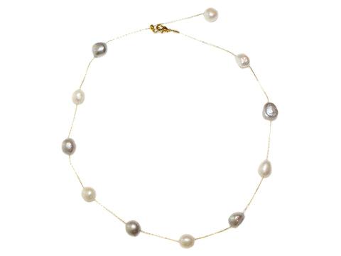 Adjustable Length Large Freshwater Pearl Necklace - Gold/Grey/Pearl