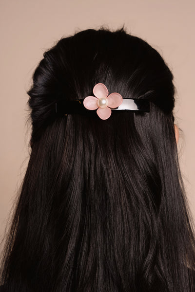 Pearl Flower Long Rectangle Barrette - Pink/Black