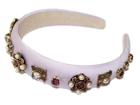 Antoinette Jewel Rosettes Satin Padded Alice Band - Lilac