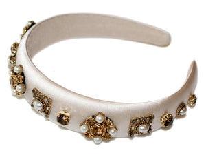 Antoinette Jewel Rosettes Satin Padded Alice Band - Ivory