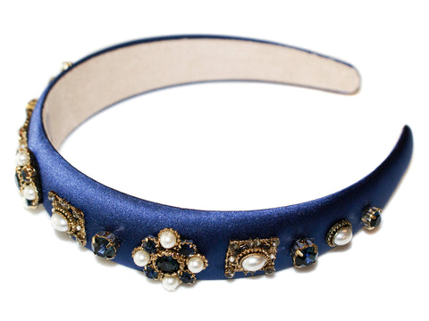 Antoinette Jewel Rosettes Satin Padded Alice Band - Navy