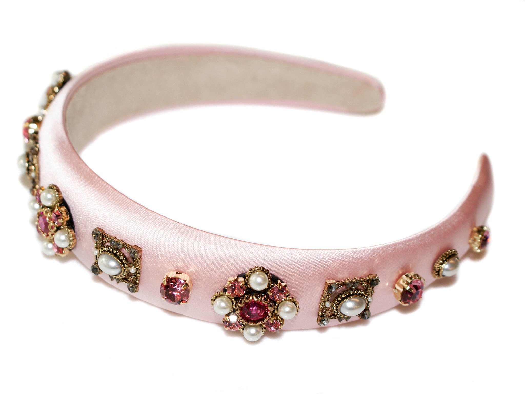 Antoinette Jewel Rosettes Satin Padded Alice Band - Light Pink