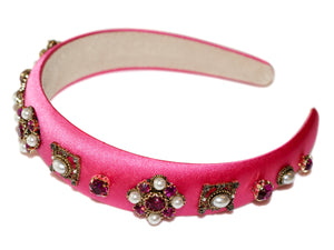 Antoinette Jewel Rosettes Satin Padded Alice Band - Fuchsia