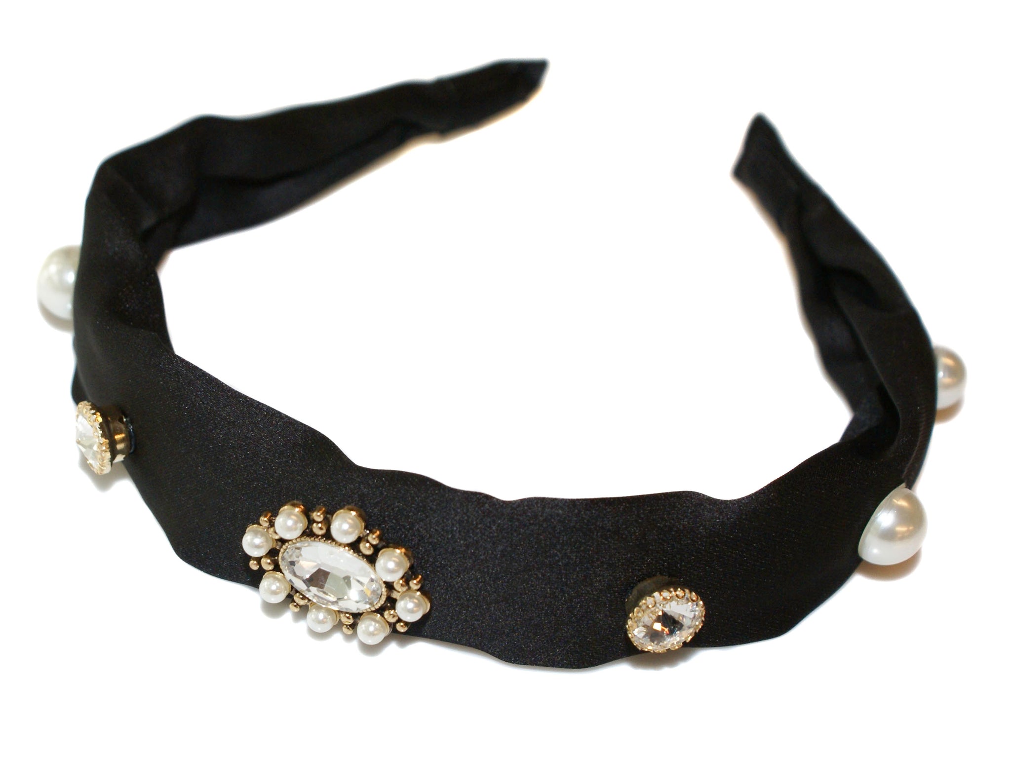 Celine Jewel Rosette Pearl and Diamante Satin Alice Band - Black