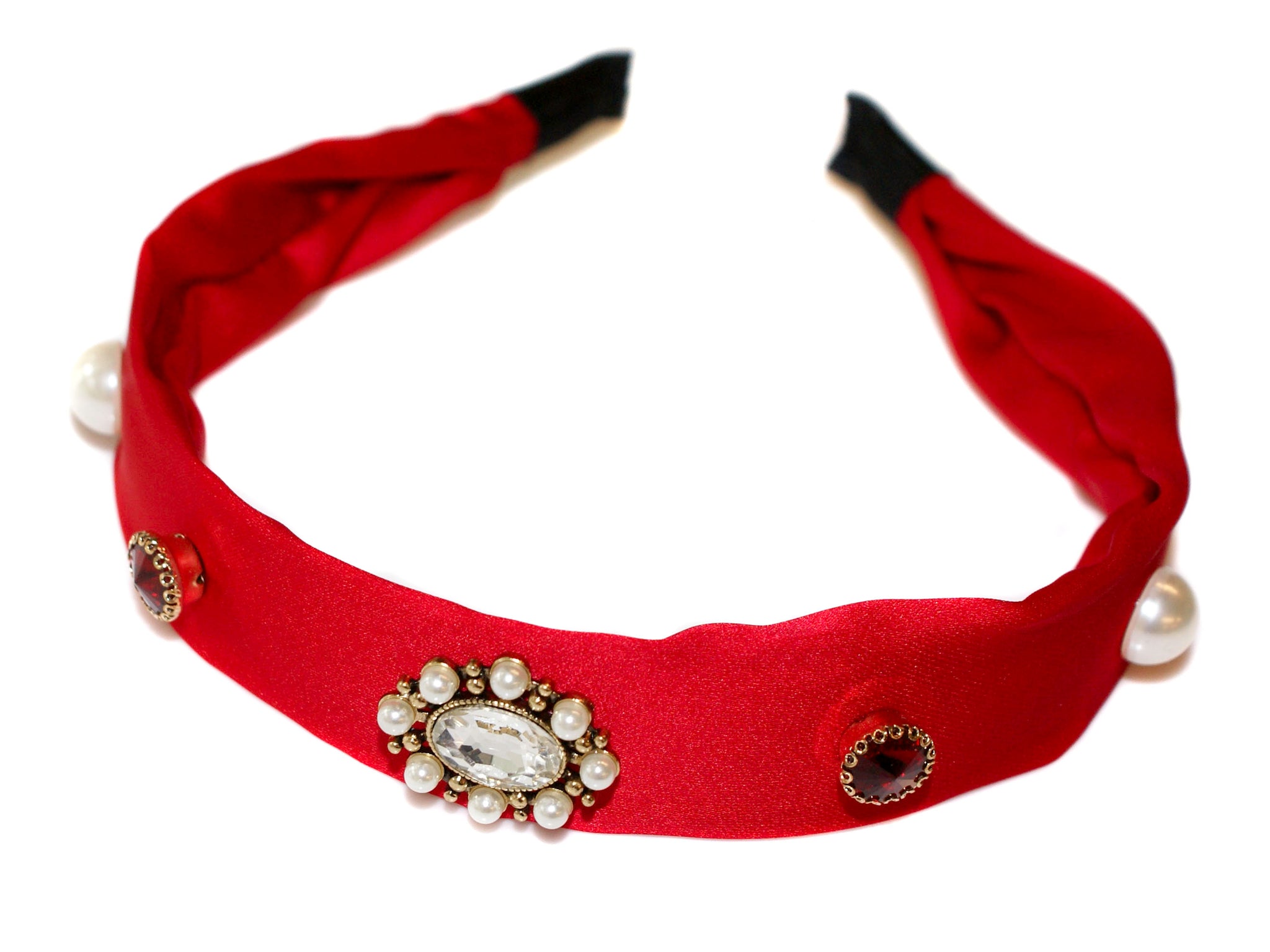 Celine Jewel Rosette Pearl and Diamante Satin Alice Band - Red