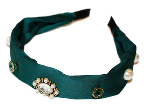 Celine Jewel Rosette Pearl and Diamante Satin Alice Band - Green