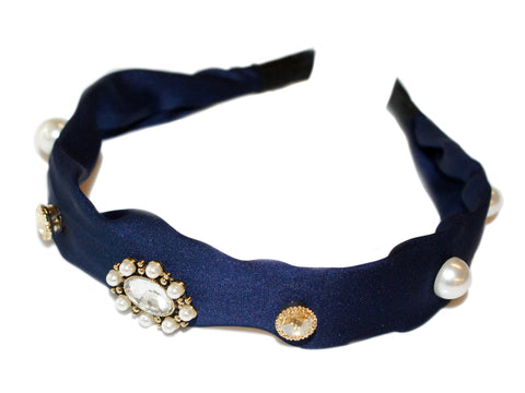 Celine Jewel Rosette Pearl and Diamante Satin Alice Band - Navy