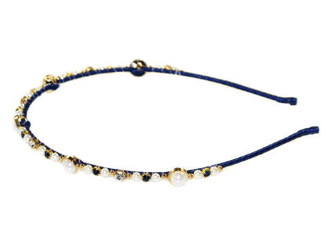 Selene Pearl Gold Bead & Diamante Alice Band - Navy