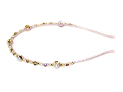 Selene Pearl Gold Bead & Diamante Alice Band - Pink