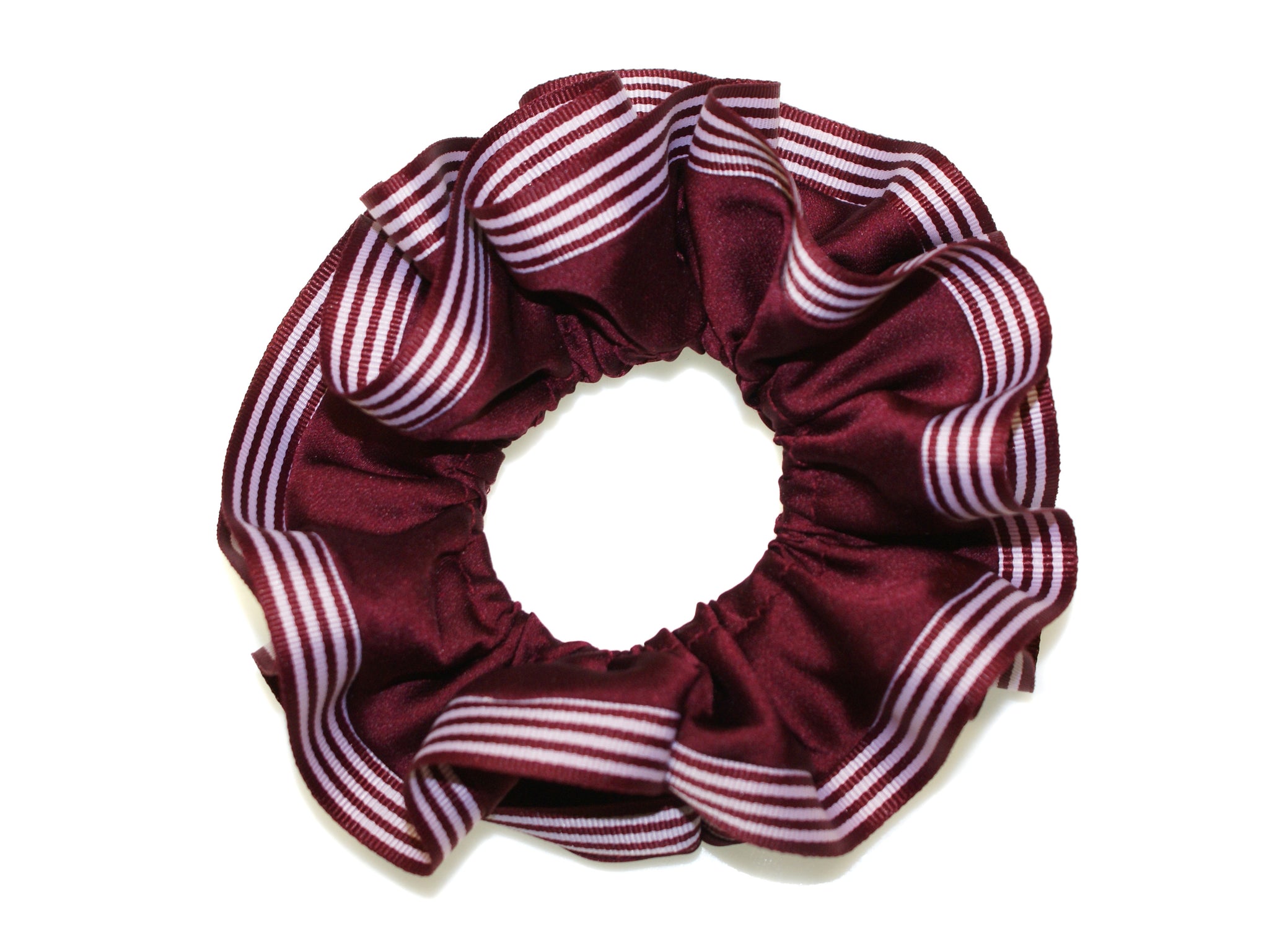 Stripe Edged Luxe Scrunchie - Burgundy-White