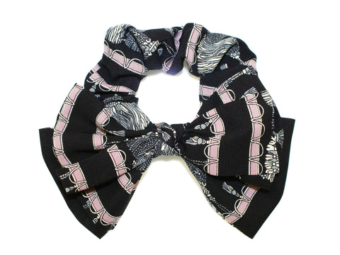 Tassel Print Double Bow Scrunchie - Black