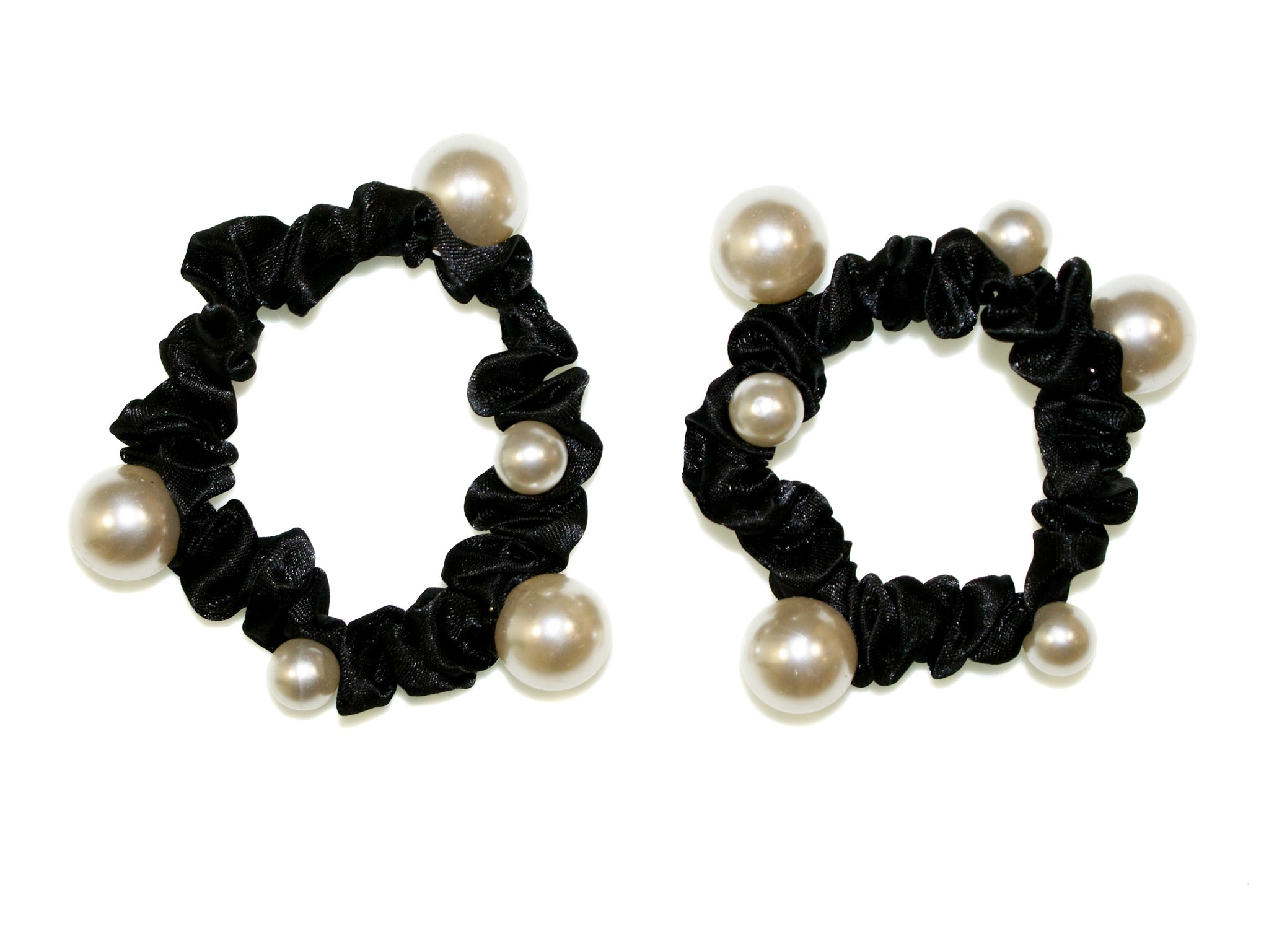 Satin Pearl Thin Scrunchie Pair - Black/Pearl