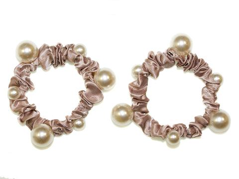 Satin Pearl Thin Scrunchie Pair - Champagne/Pearl